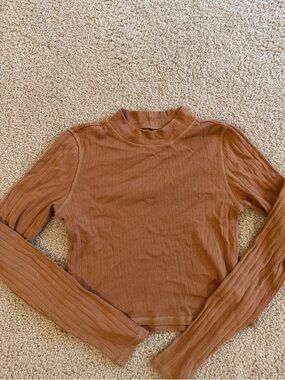 American Eagle Outfitters Long-Sleeve Ribbed Mock Neck Top - Rust Brown